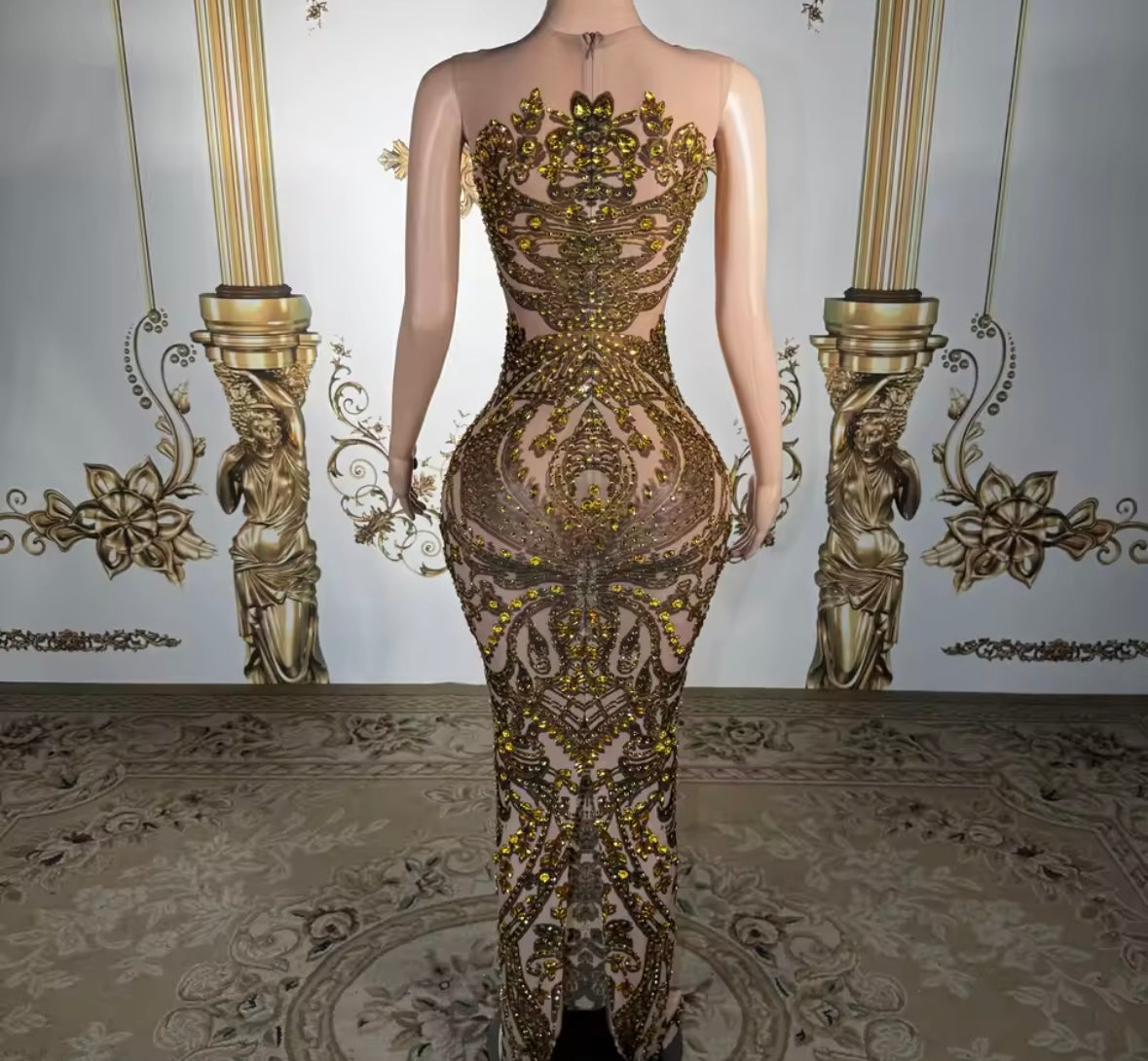 Sexy Sleeveless Gold Rhinestone Embellishment Maxi Dress