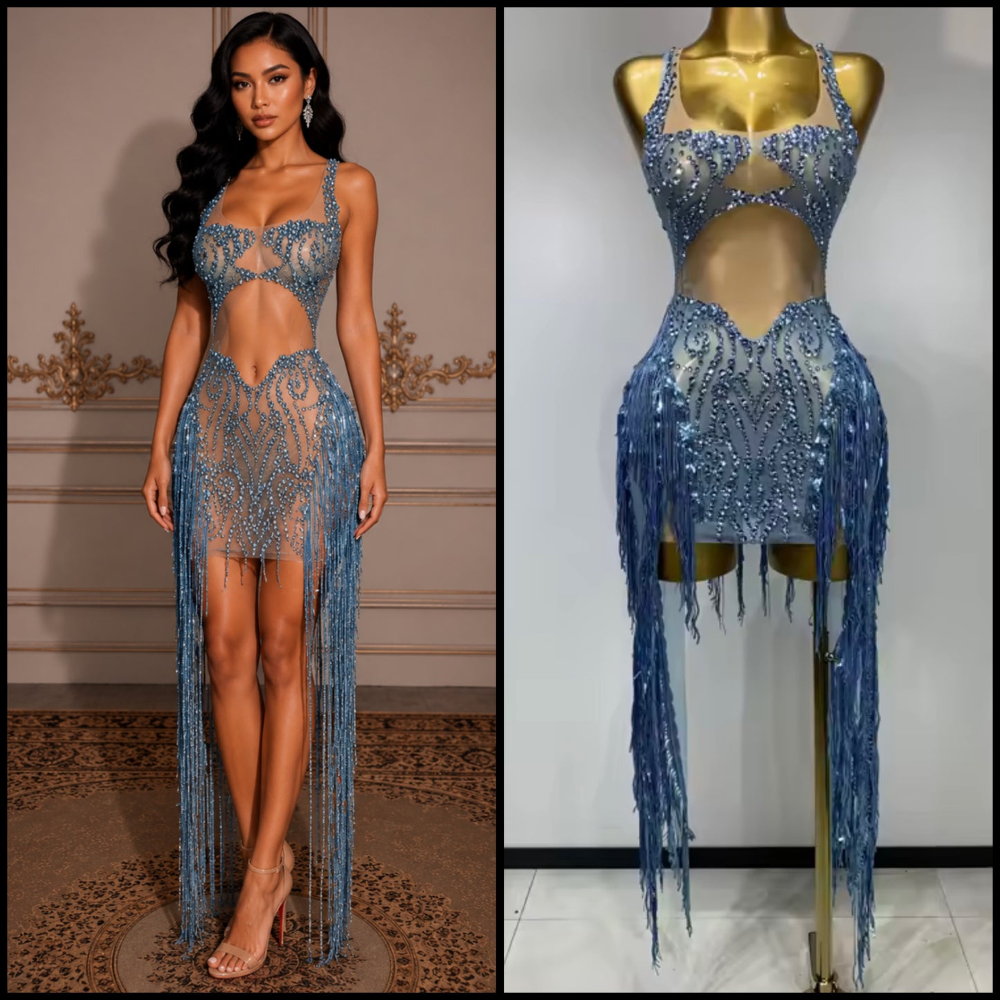 Blue Sleeveless Sequins Rhinestone Tassel Dress
