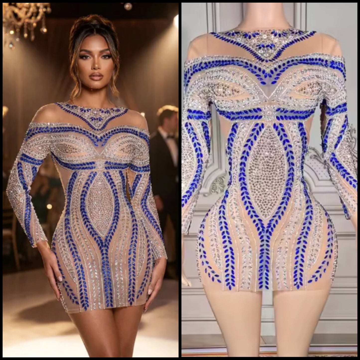 Rhinestone Embellishment Sexy Full Sleeve See Through Dress
