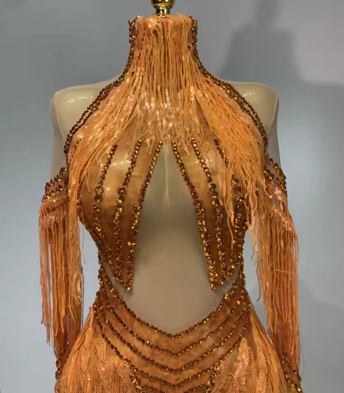 Sexy Orange Rhinestone Fringe Tassel Asymmetrical Dress