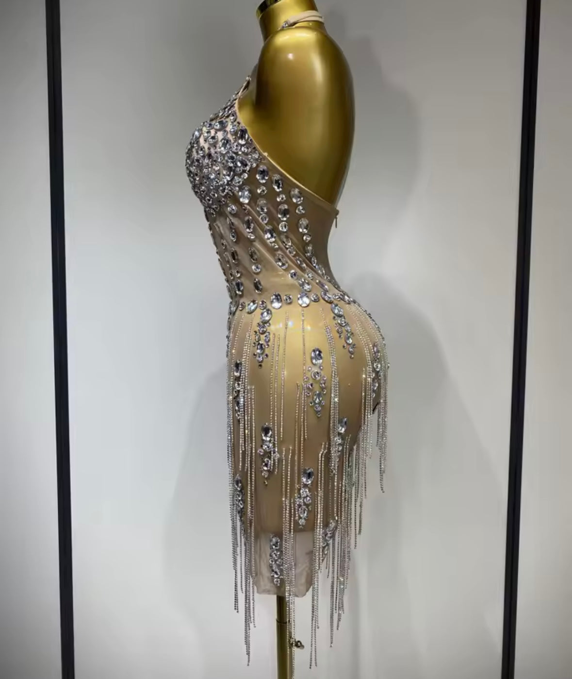 Sexy Halter Sleeveless Rhinestone Embellishment Tassel Dress