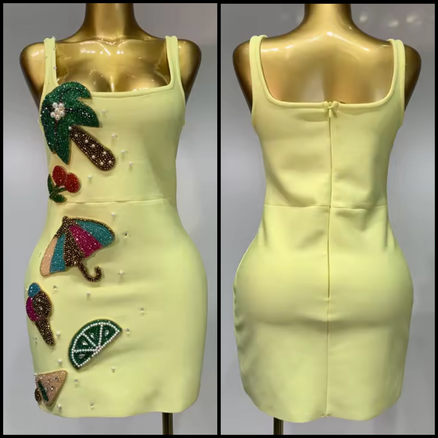 Yellow Sexy Sleeveless Beaded Rhinestone Dress
