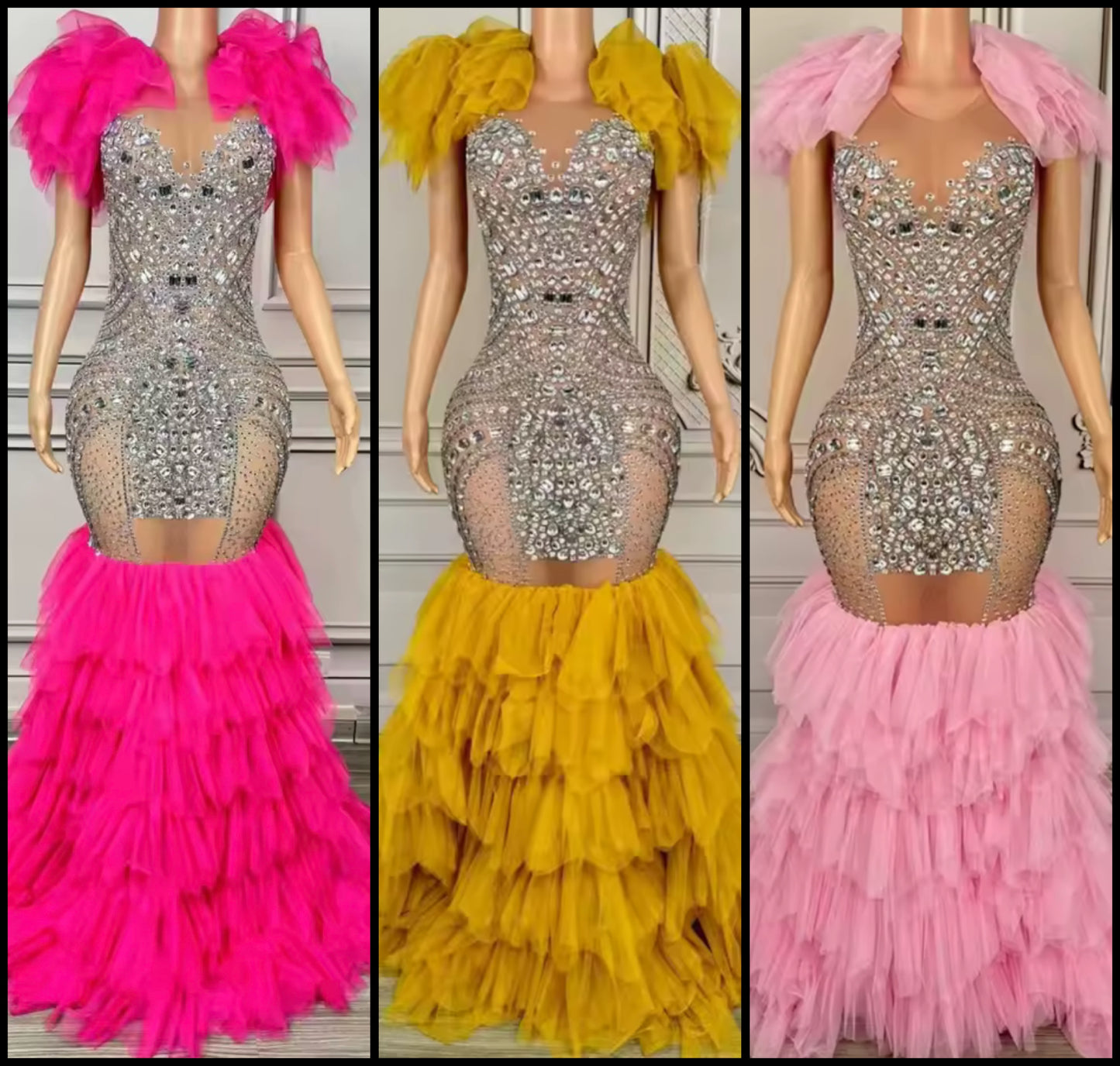 Sexy Sleeveless Rhinestone Ruffle Floor-Length Dress