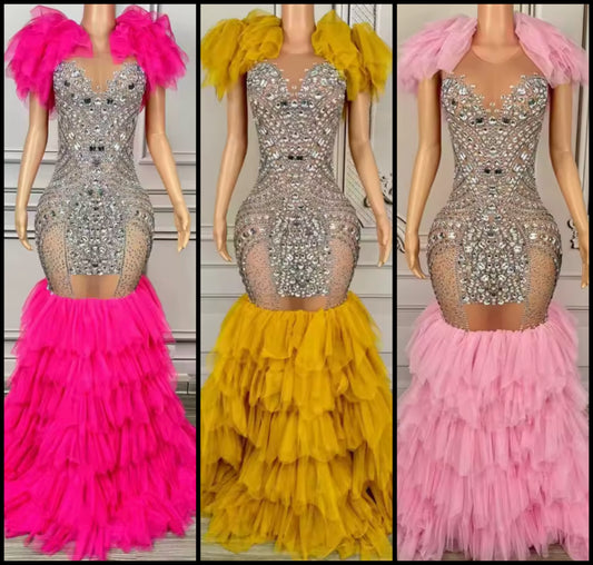 Sexy Sleeveless Rhinestone Ruffle Floor-Length Dress