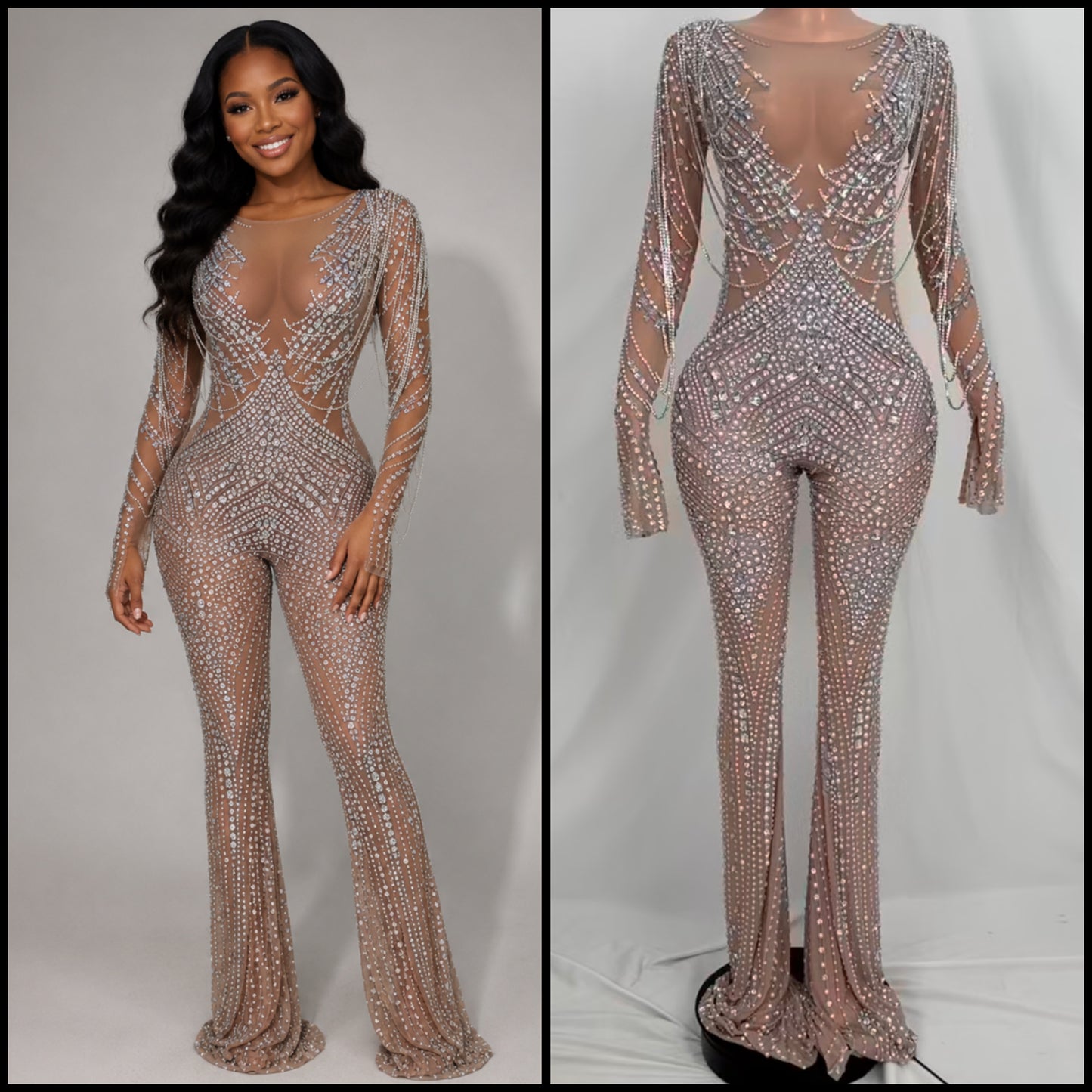 Sexy Rhinestone Chain Full Sleeve See Through Jumpsuit