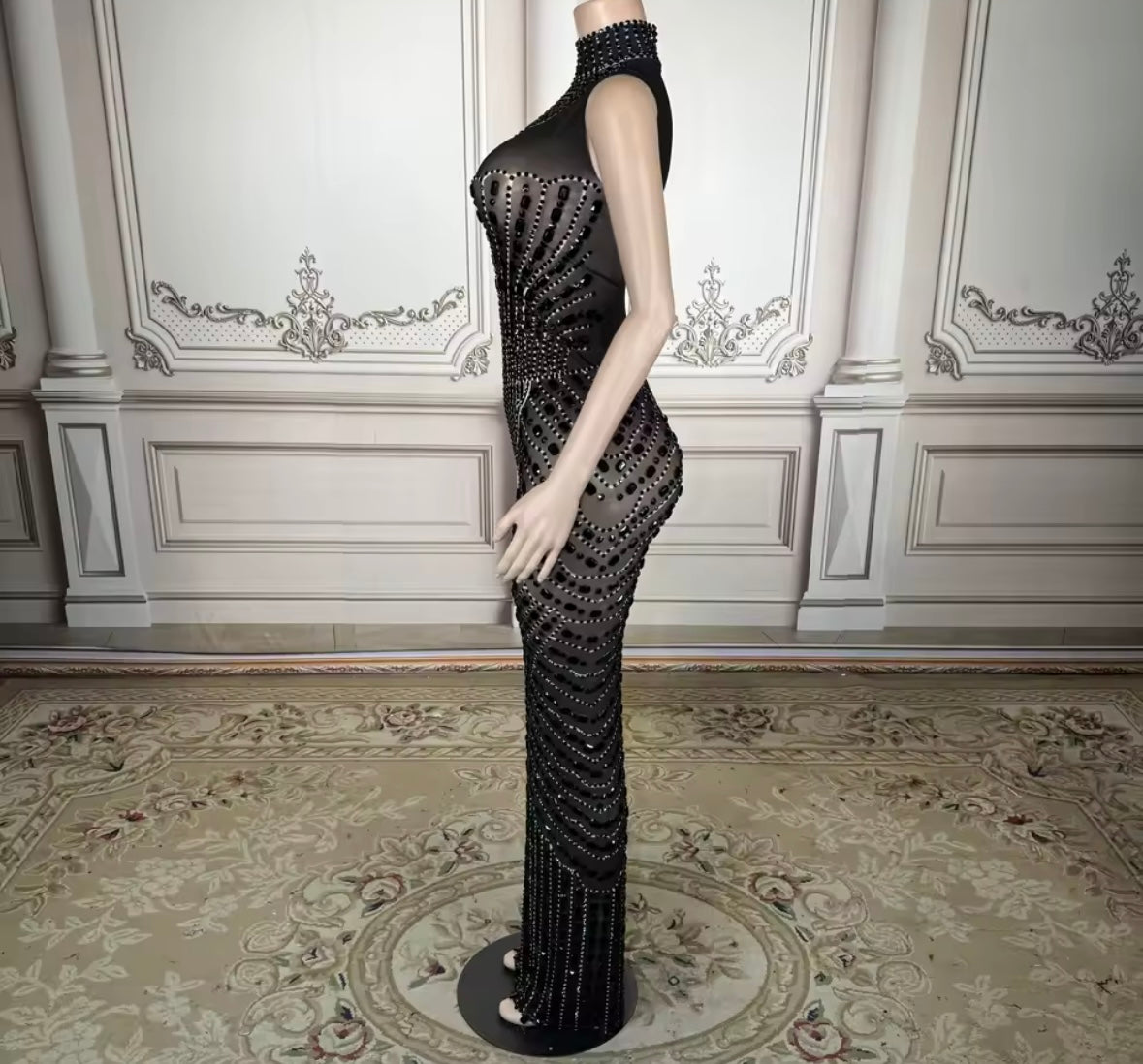 Sexy Sleeveless Black Rhinestone Embellishment Maxi Dress