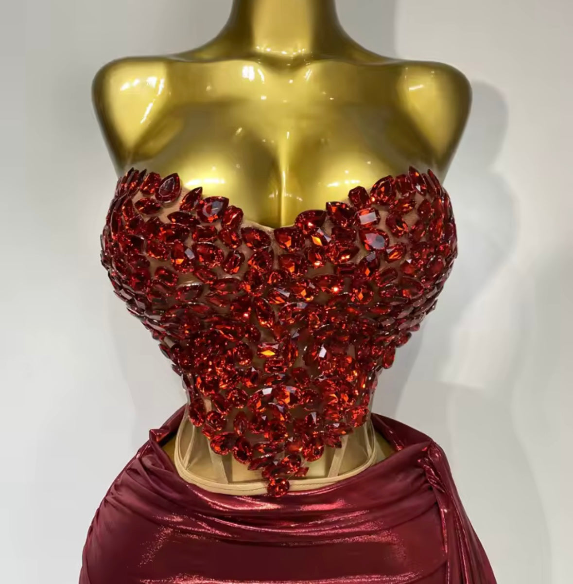 Red Crystal Strapless Mesh Corset Two Piece PU Skirt Set