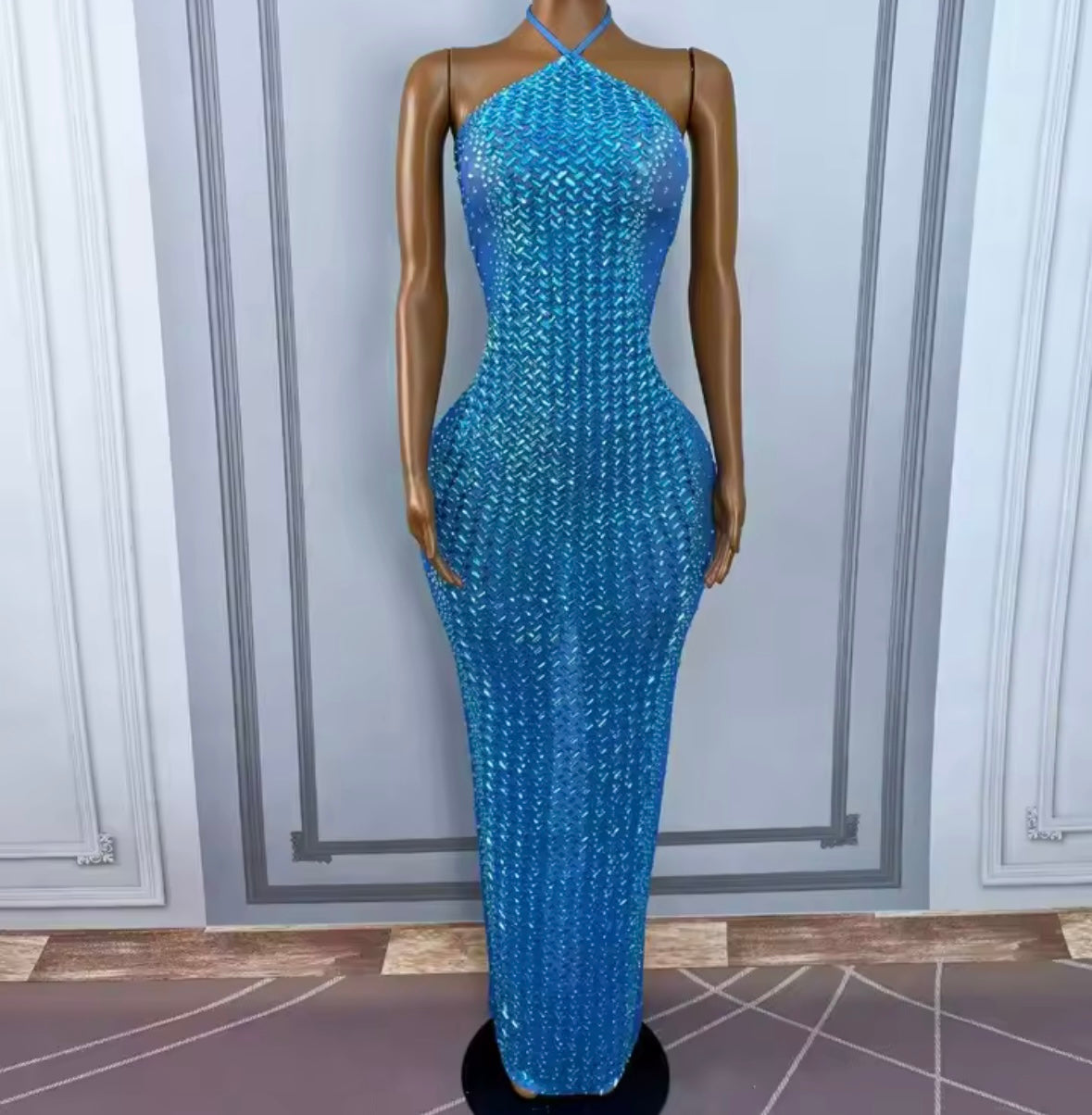 Sexy Blue Halter Sleeveless Rhinestone Maxi Dress