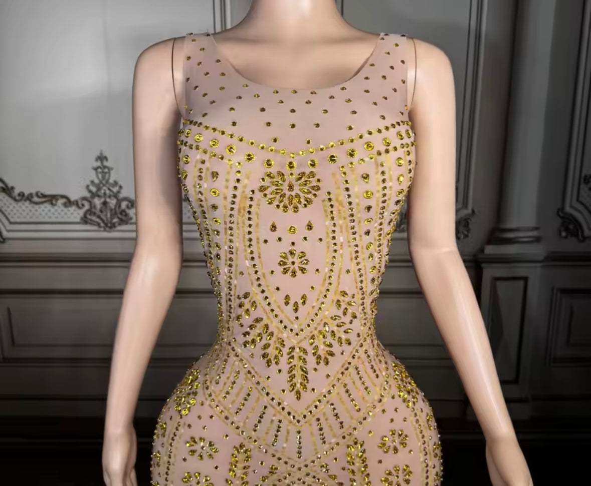 Gold Rhinestone Embellishment See Through Sleeveless Maxi Dress