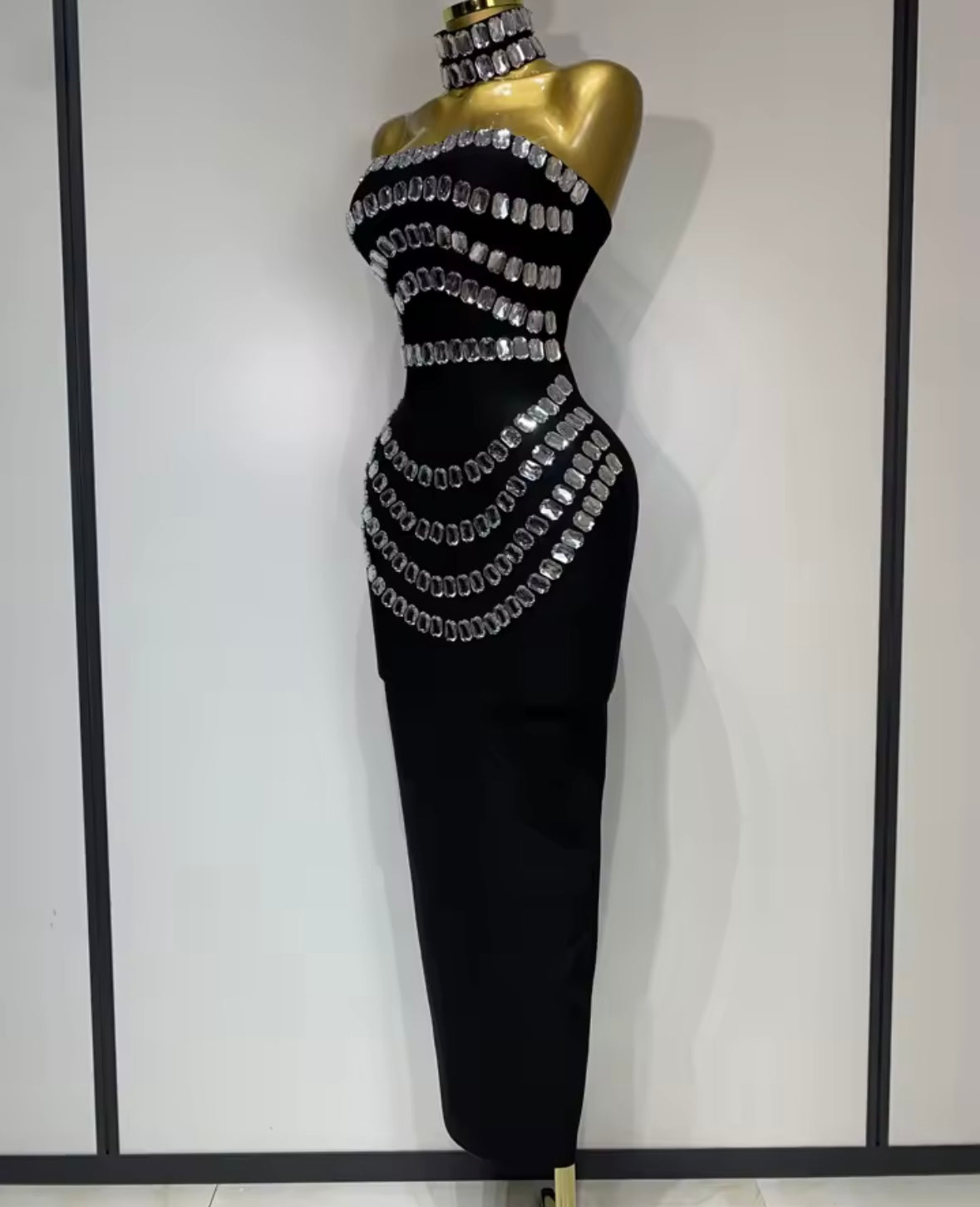 Sexy Crystal Choker Strapless Black Maxi Dress