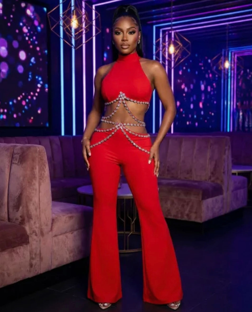 Red Halter Rhinestone Sexy Bandage Pant Set