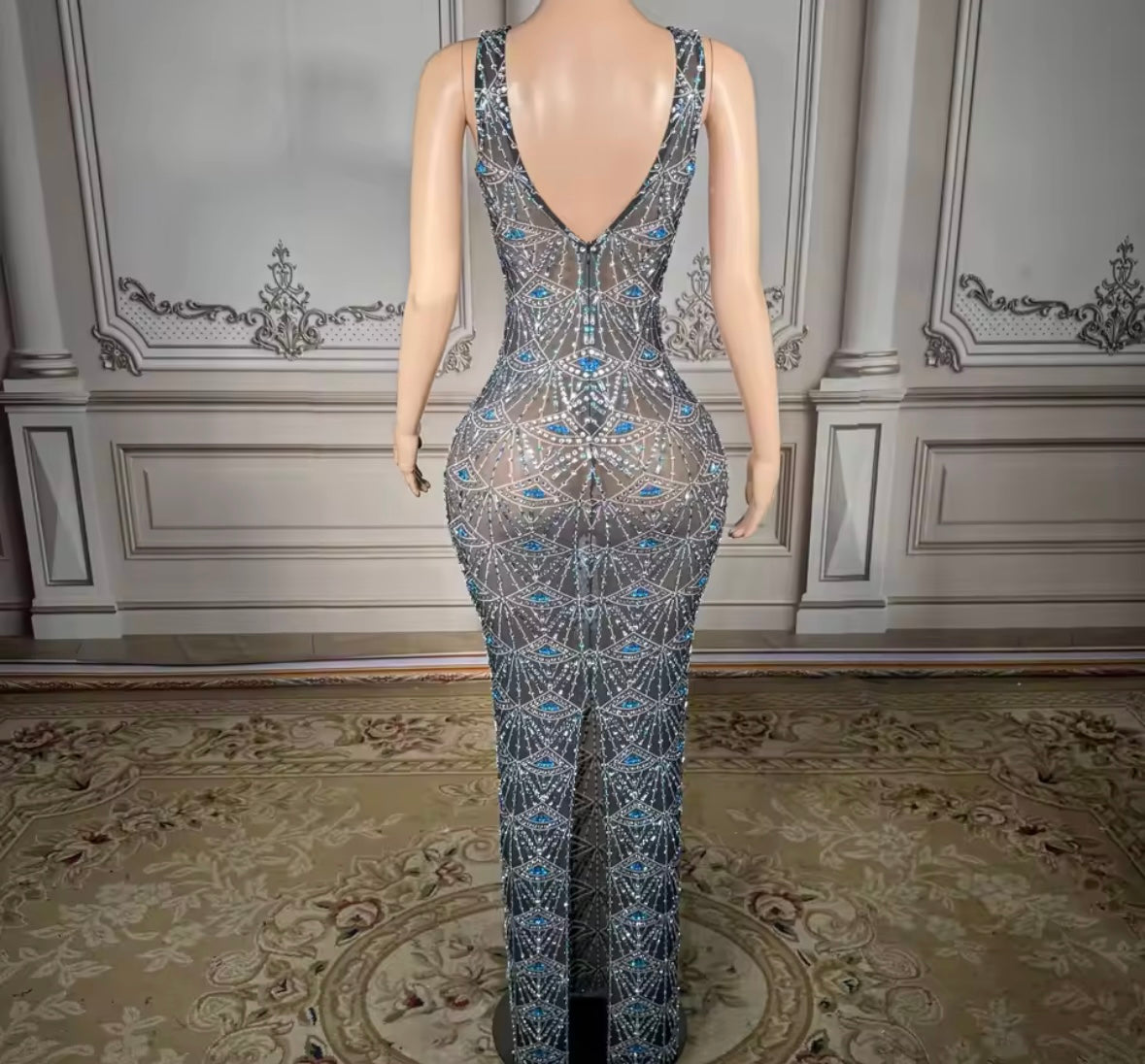 Sexy Rhinestone See Through Sleeveless Maxi Dress