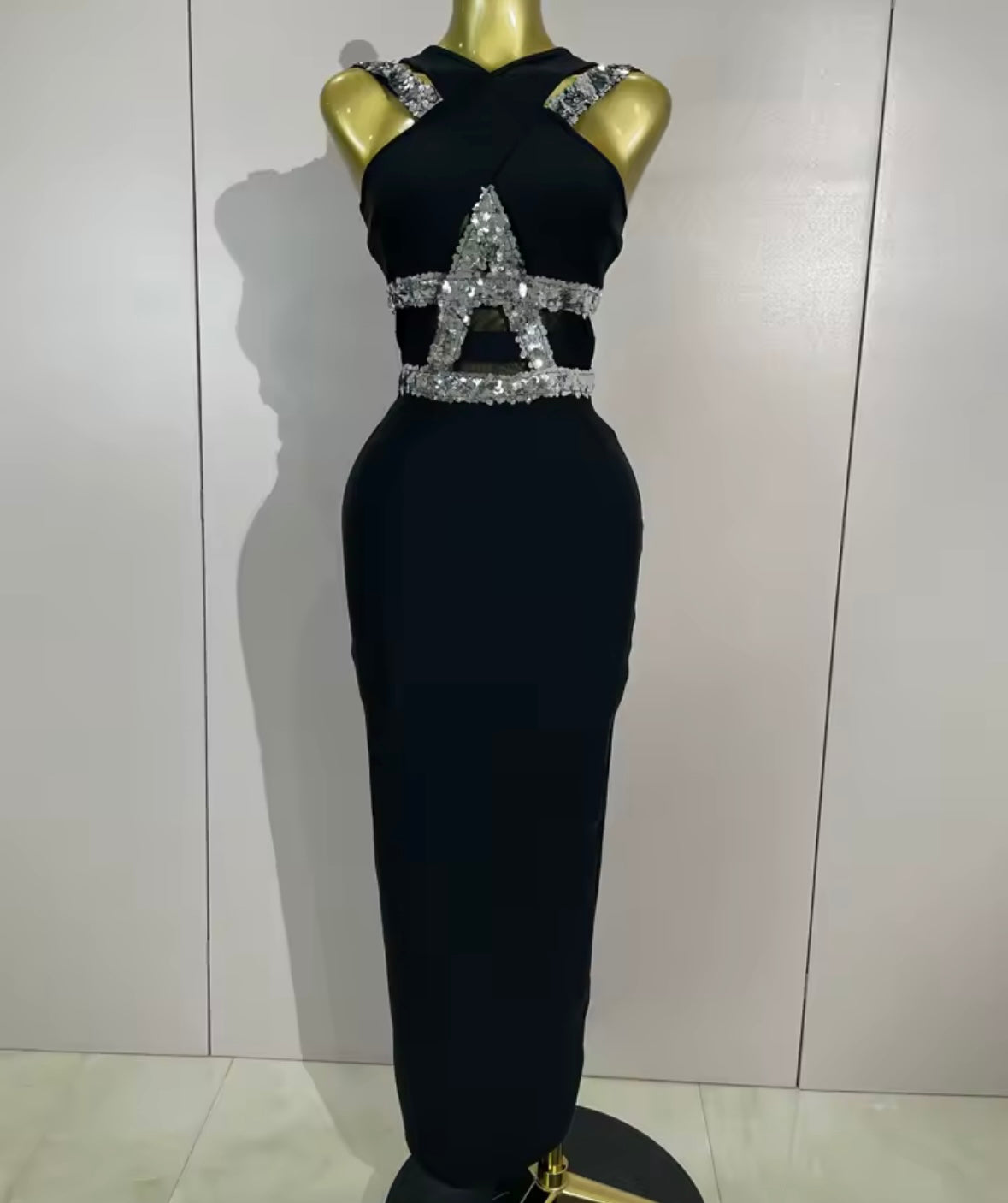Black Sexy Sequins Sleeveless Floor-Length Dress