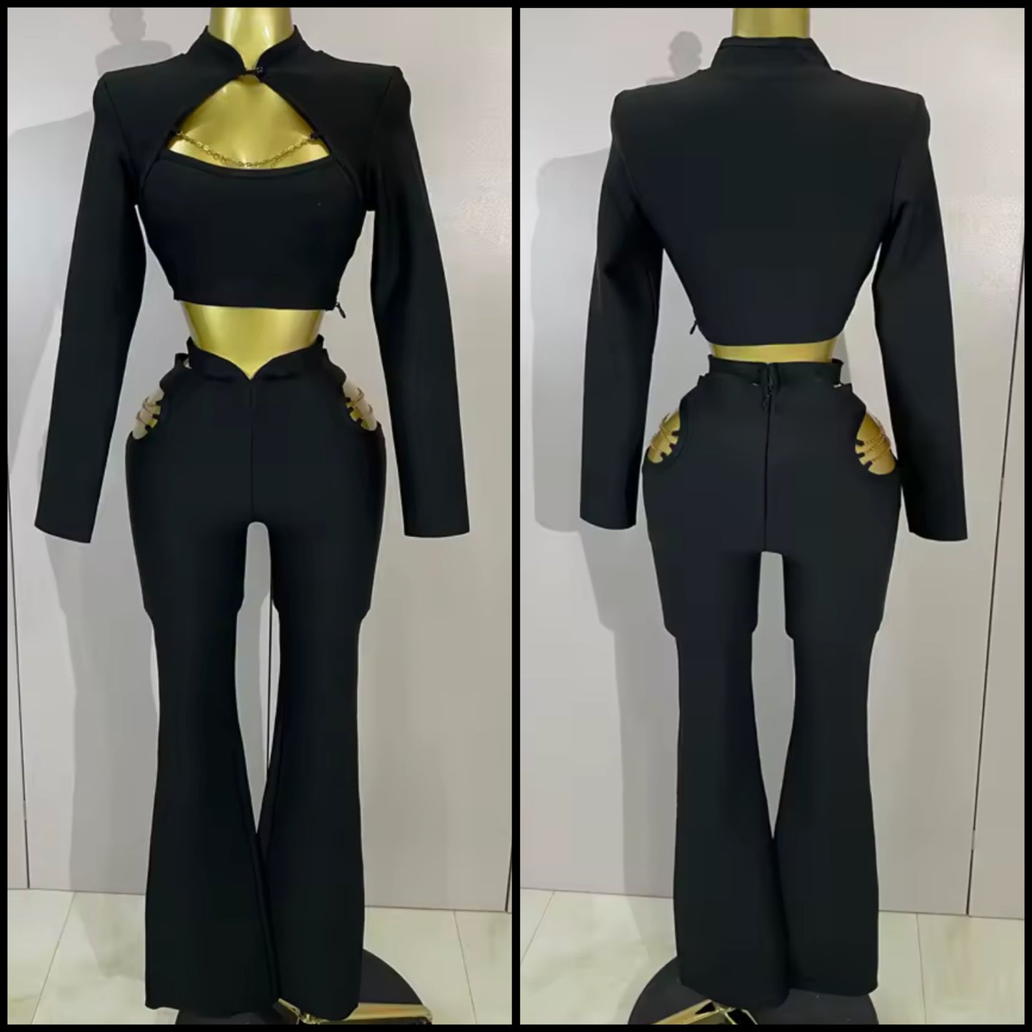 Sexy Black Chain Full Sleeve Pant Set