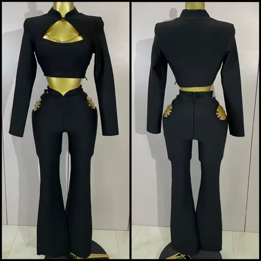 Sexy Black Chain Full Sleeve Pant Set