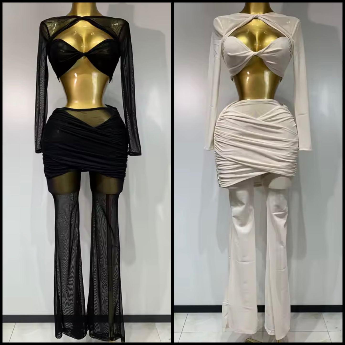 Sexy Full Sleeve Crop See Through Two Piece Pant Set