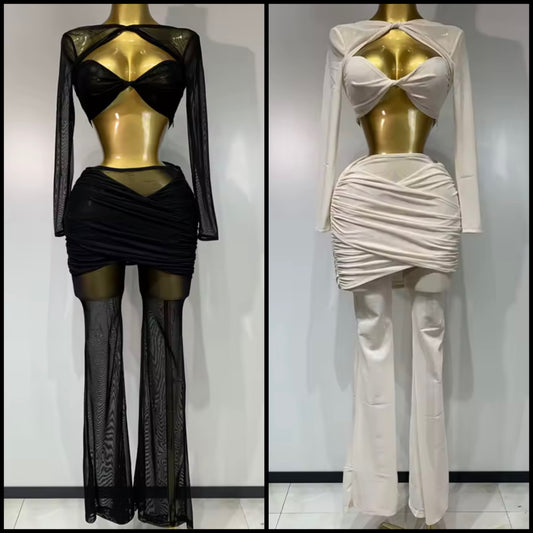 Sexy Full Sleeve Crop See Through Two Piece Pant Set
