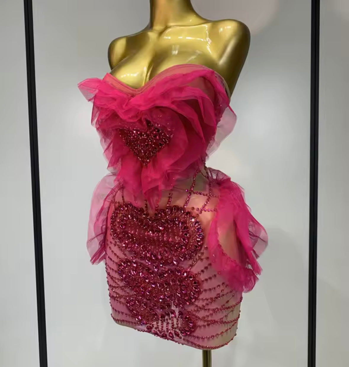 Sexy Pink Strapless Rhinestone Ruffle Short Dress