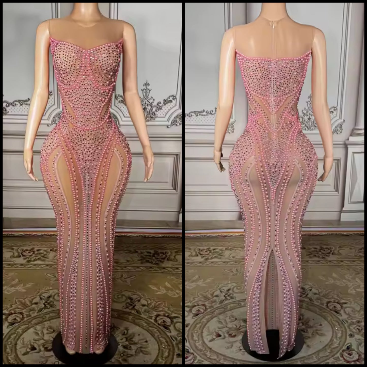 Sexy Sleeveless Pink Beaded Rhinestone Maxi Dress
