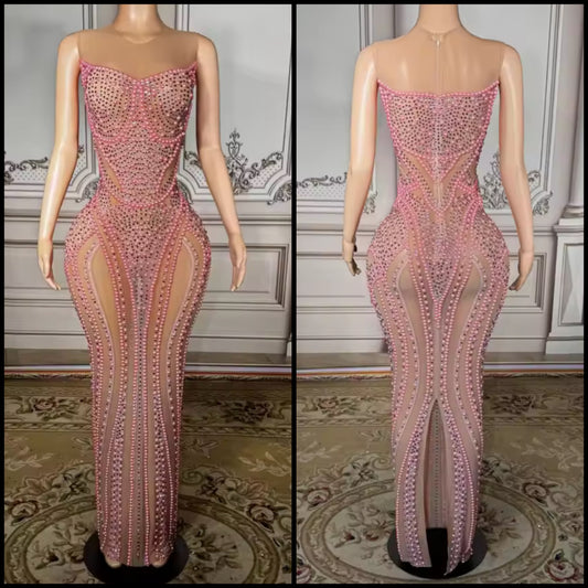 Sexy Sleeveless Pink Beaded Rhinestone Maxi Dress