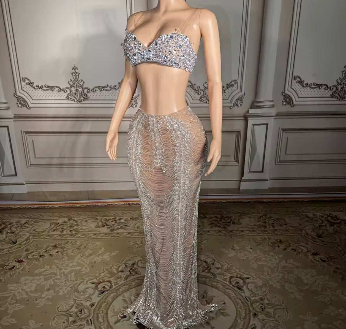 Sexy Sleeveless Rhinestone Chain Maxi Skirt Set