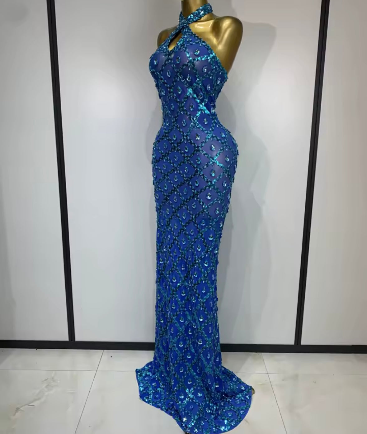 Sexy Blue Crystal Halter Floor-Length Dress