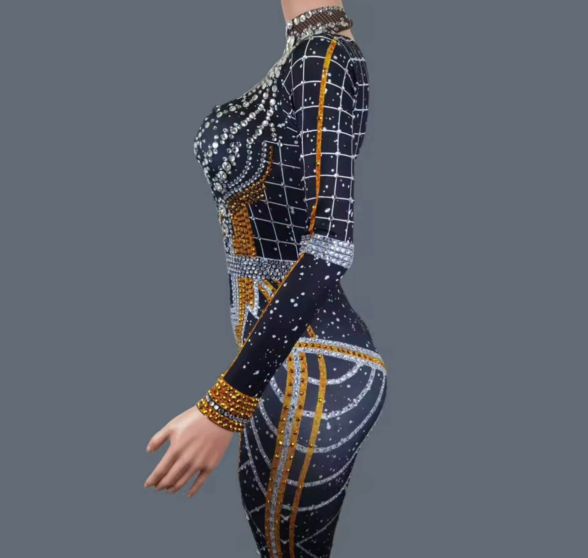 Elegant Printed Rhinestone Full Sleeve Jumpsuit