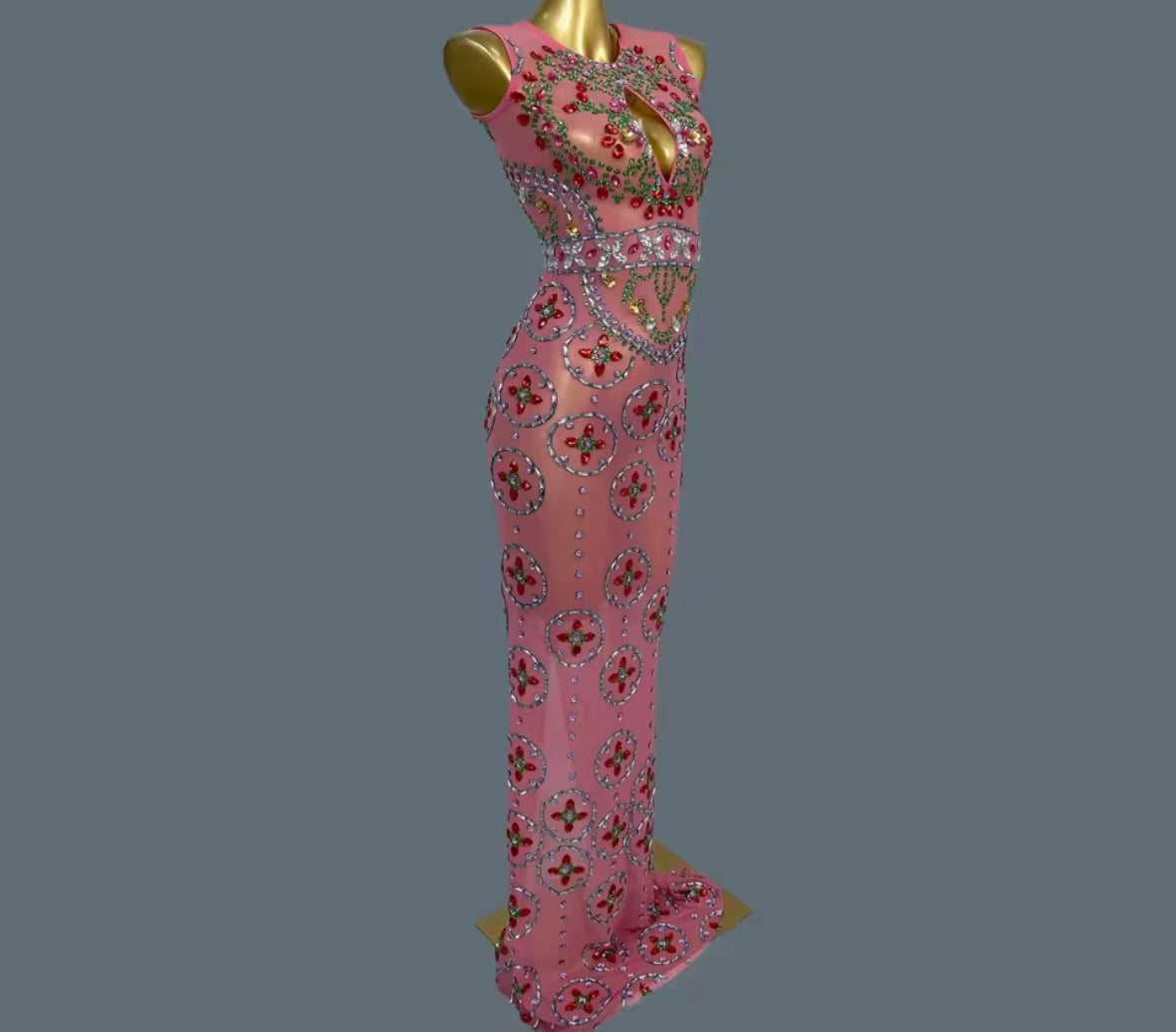 Sexy Pink Sleeveless Crystal Rhinestone Maxi Dress