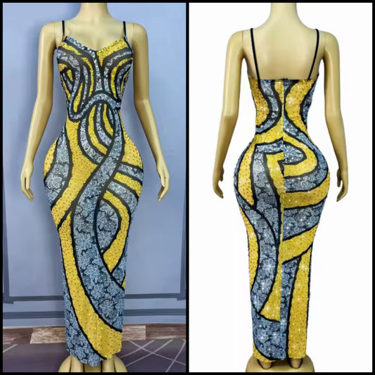 Sparkly Rhinestone Sleeveless Printed Maxi Dress