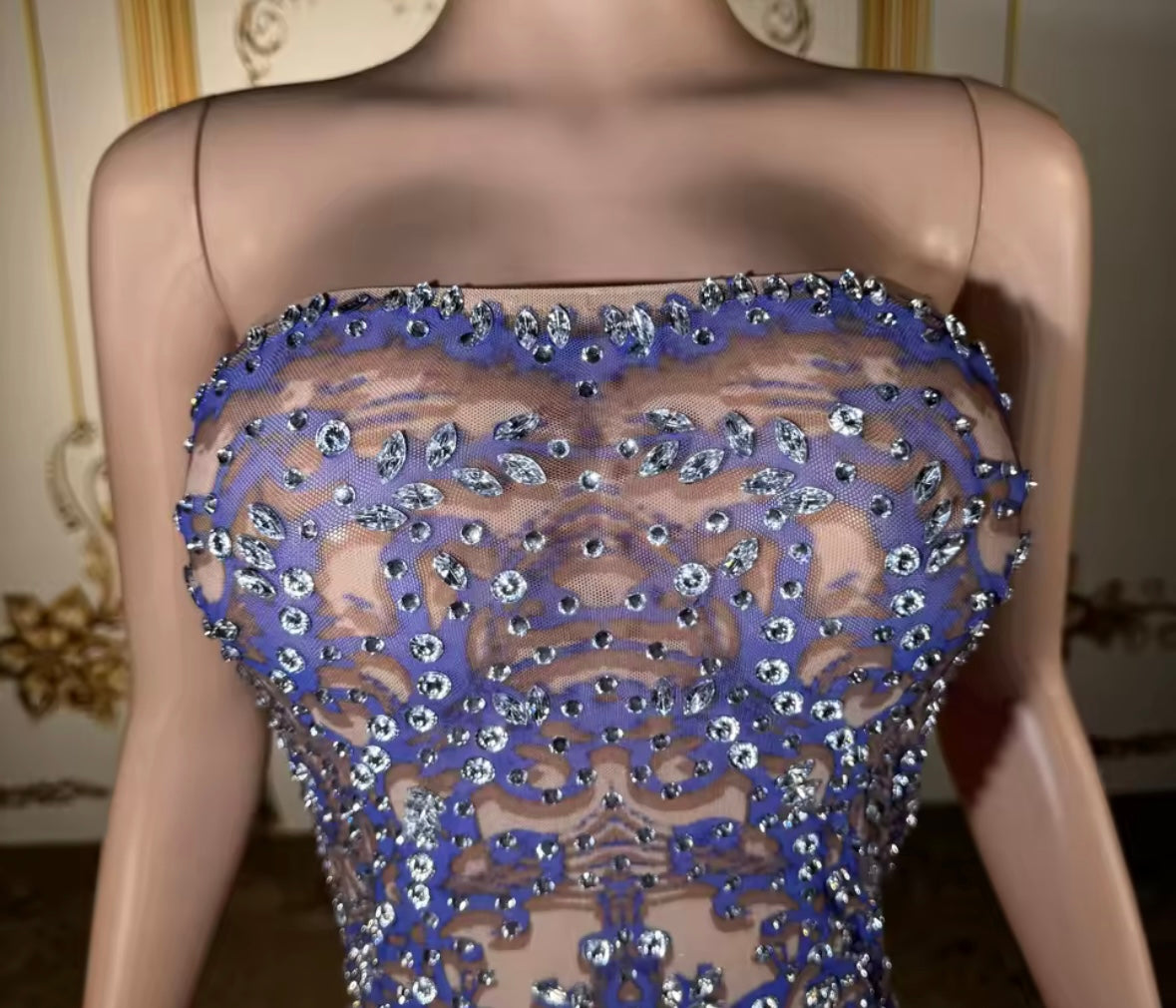 Sexy Strapless Purple Rhinestone See Through Dress