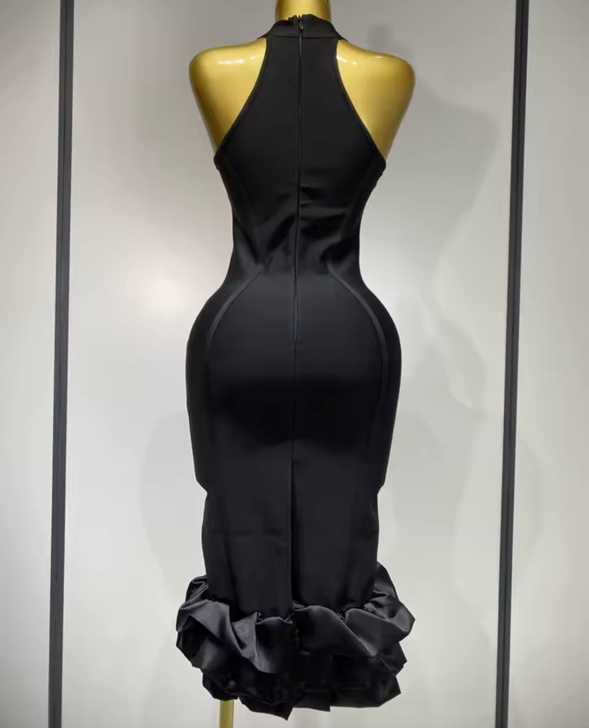 Sexy Black Sleeveless Ruffled Midi-Length Dress