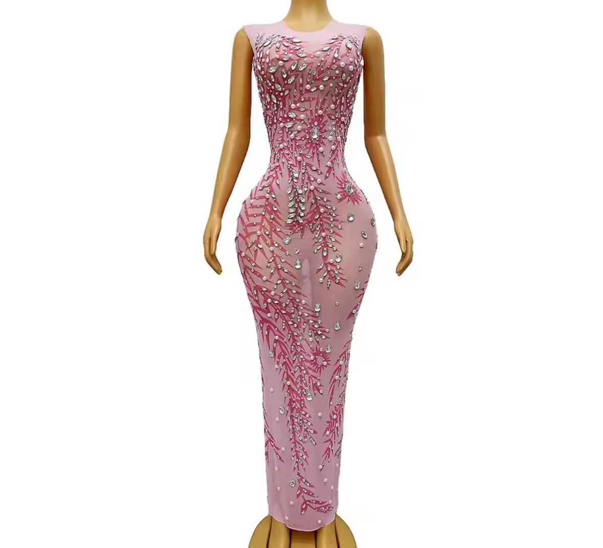 Pink Sexy Sleeveless Pearl Rhinestone Maxi Dress