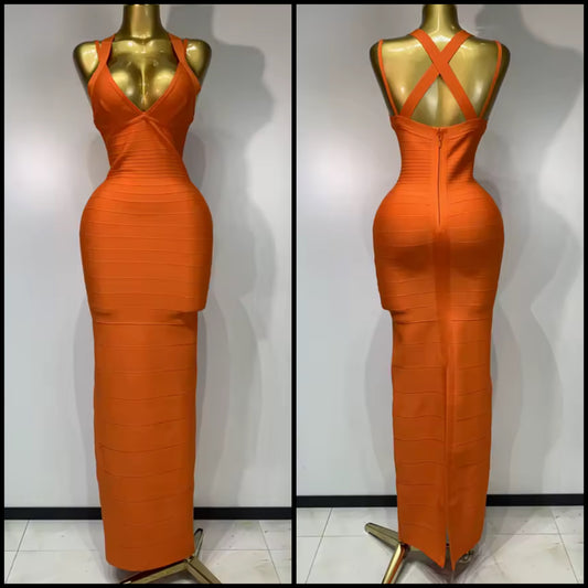 Elegant Orange Sleeveless Bandage Maxi Dress