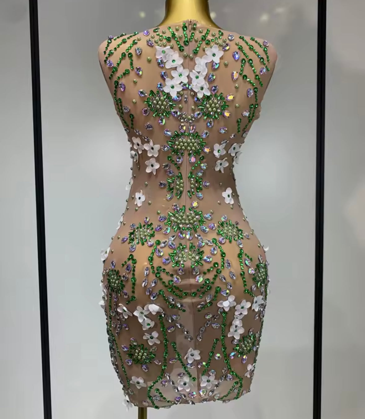 Sexy See Through Sleeveless Floral Rhinestone Dress