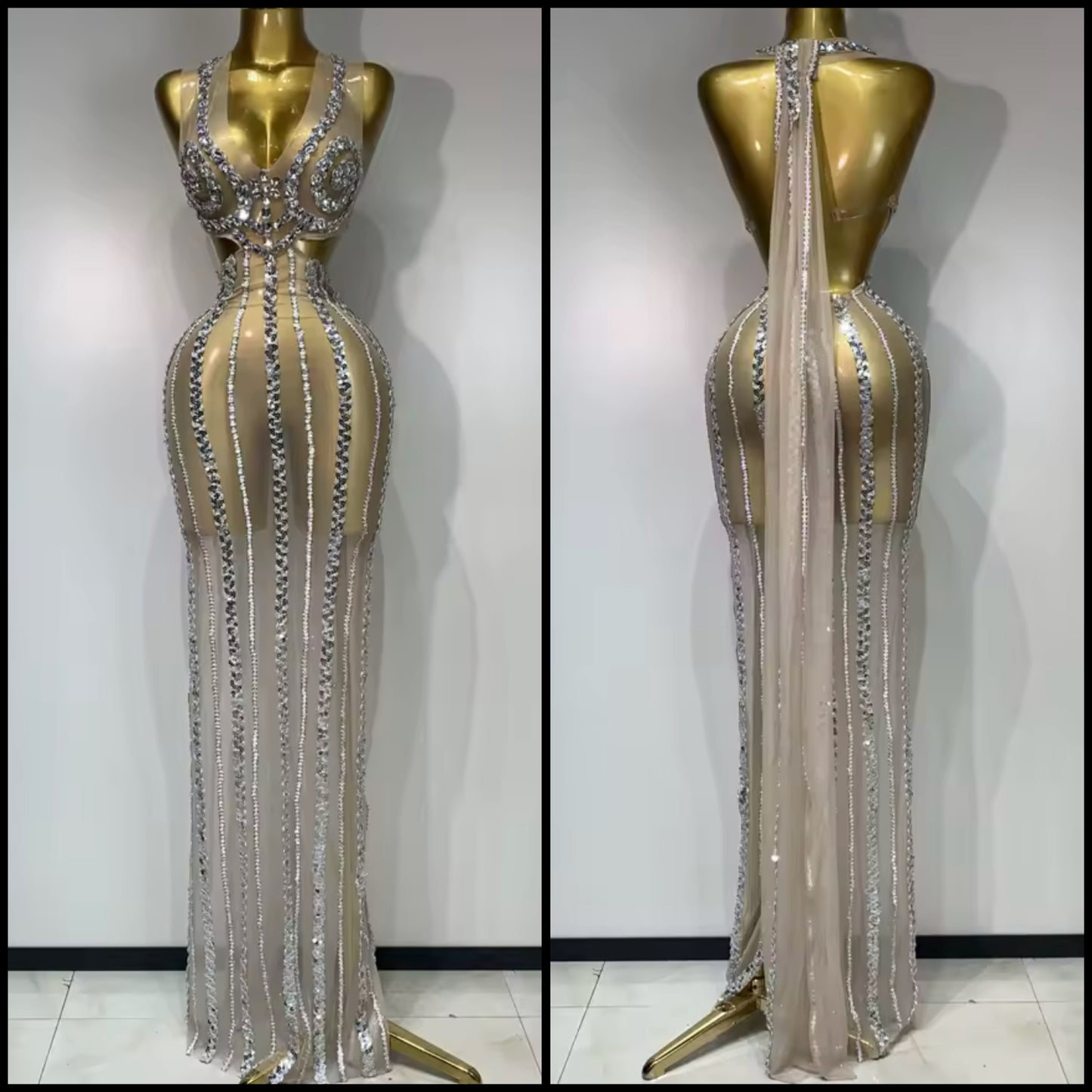 Sexy Halter Sequins Crystal Open Back Floor-Length Dress