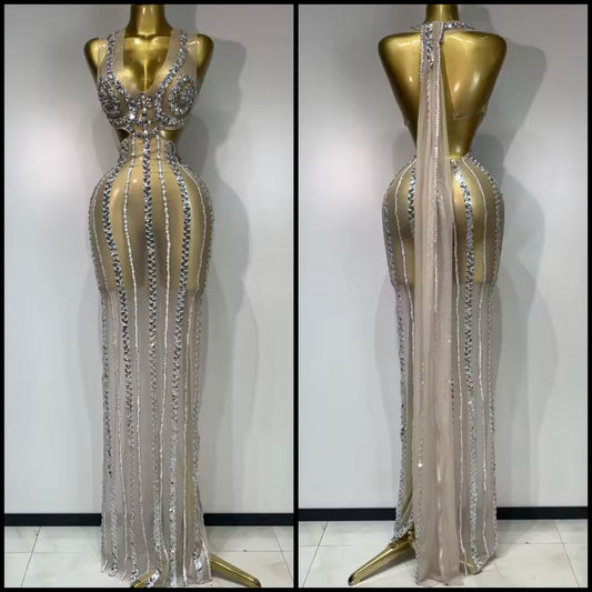 Sexy Halter Sequins Crystal Open Back Floor-Length Dress