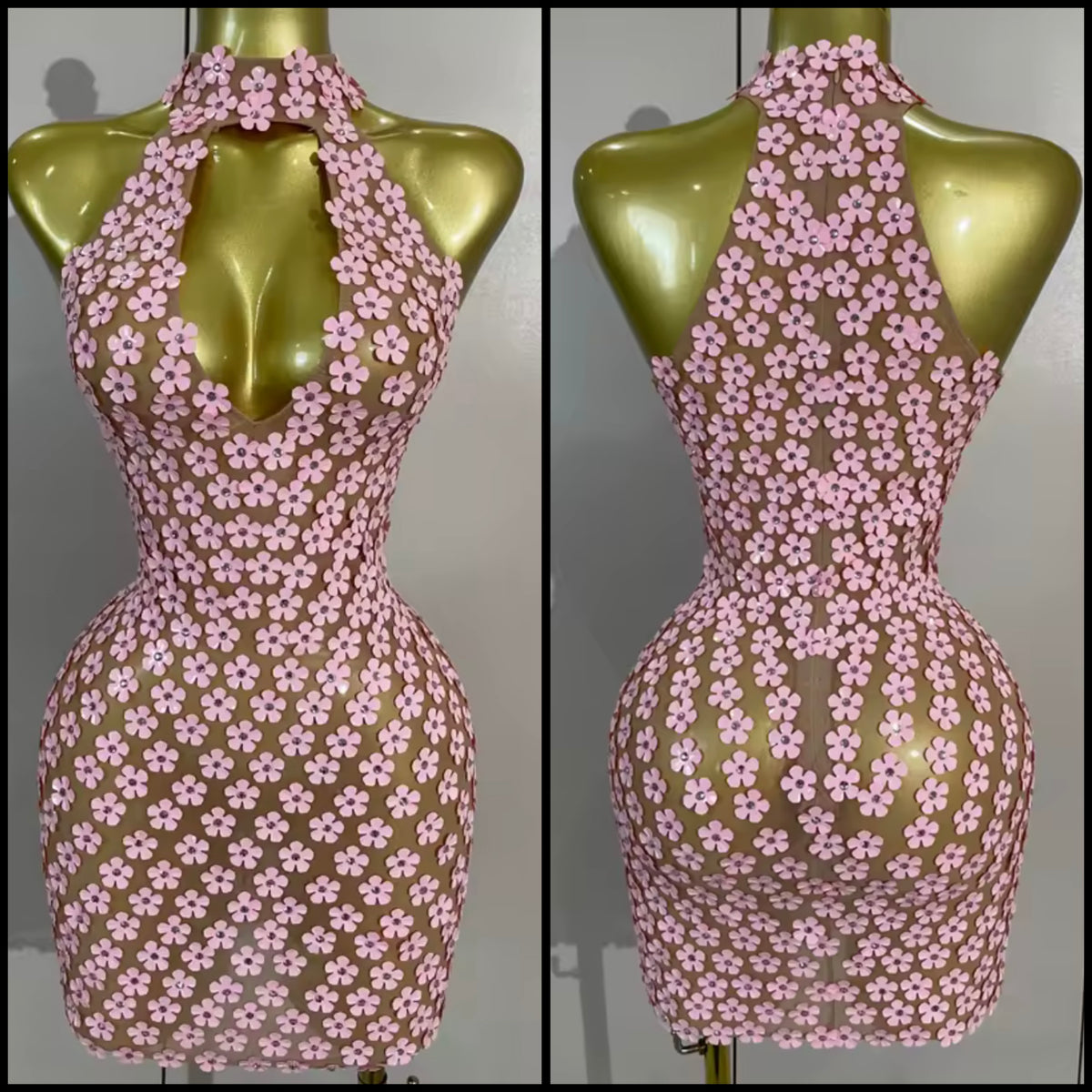 Pink Halter Sleeveless Floral See Through Sexy Dress