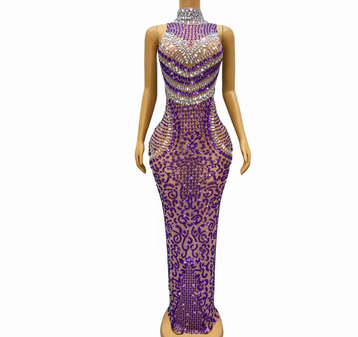 Elegant Sleeveless Purple Rhinestone Maxi Dress