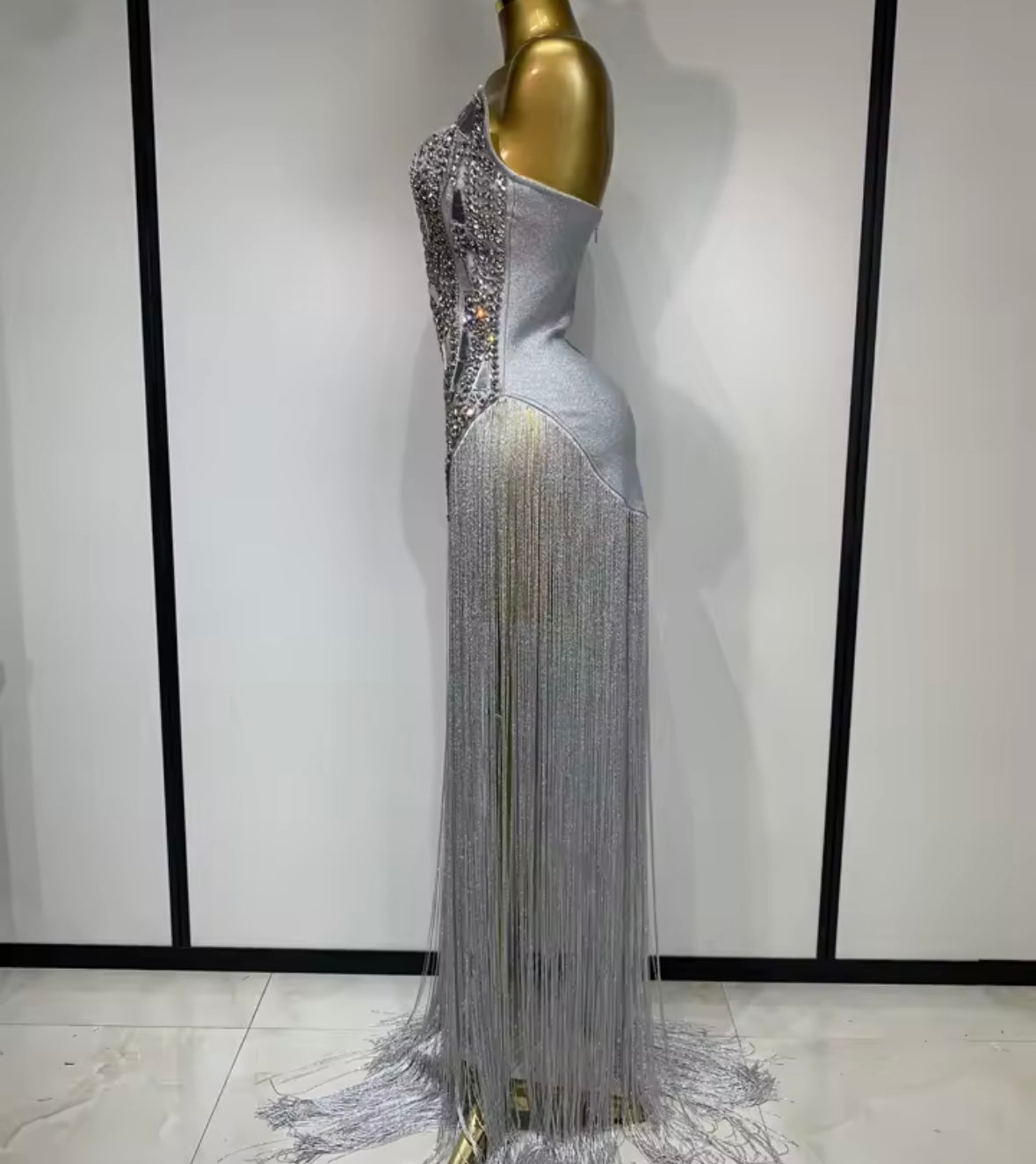 Sexy Silver Strapless Rhinestone Fringe Tassel Maxi Dress