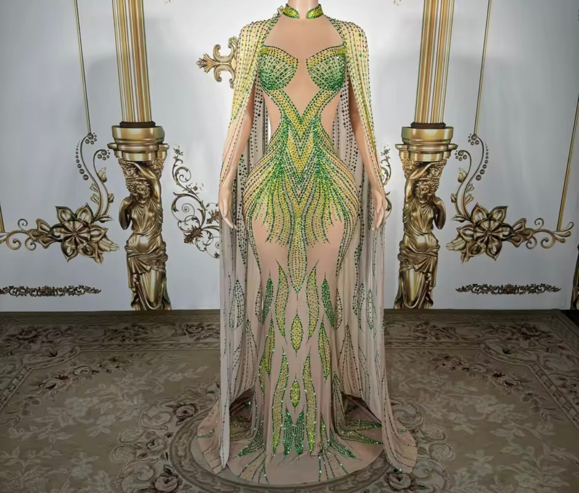 Sexy See Through Rhinestone Flare Sleeve Mermaid Dress