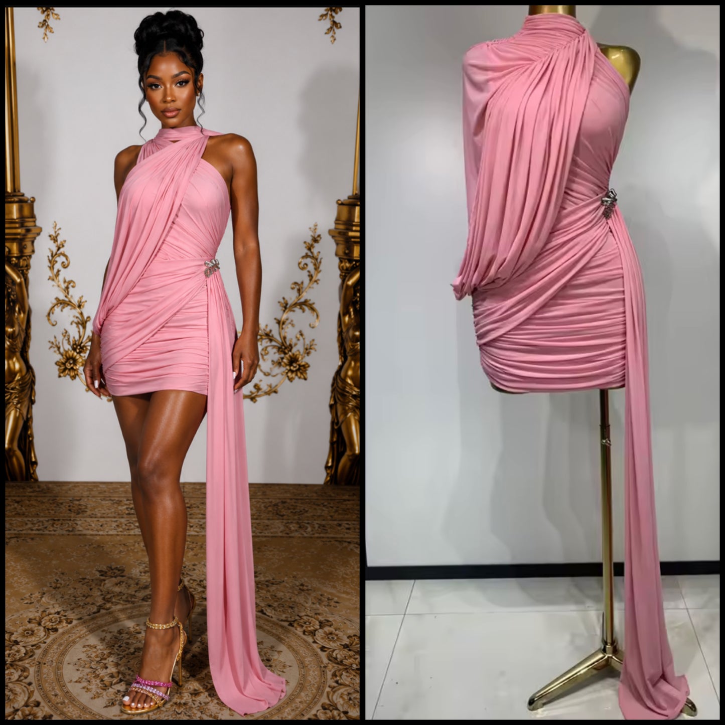Pink Sexy Sleeveless Draped Ruched Dress