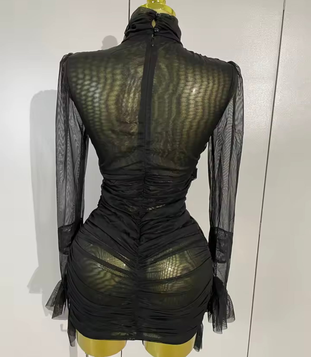 White Sexy See Through Ruched Ruffle Full Sleeve Dress