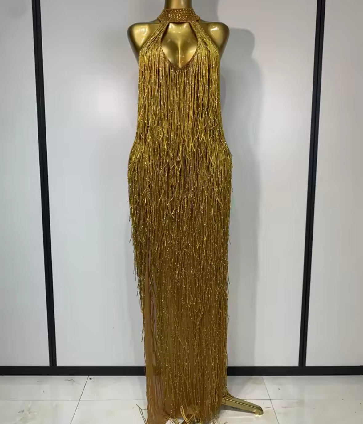 Sexy Halter Sleeveless Beaded Fringe Floor-Length Dress
