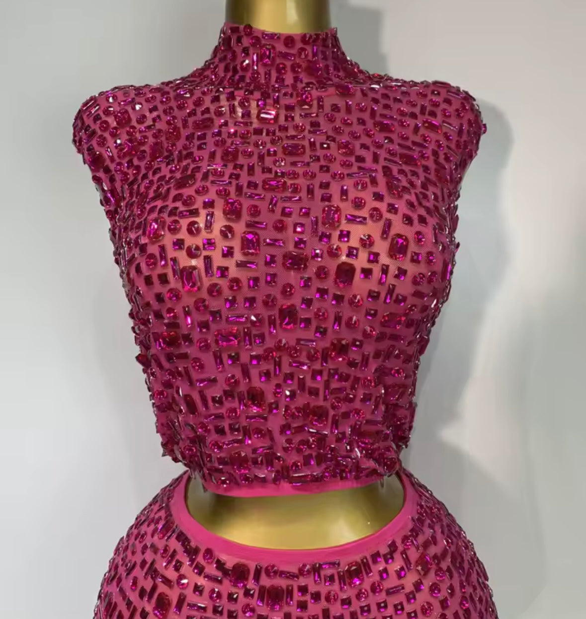Sexy Sleeveless Crystal Crop Skirt Set