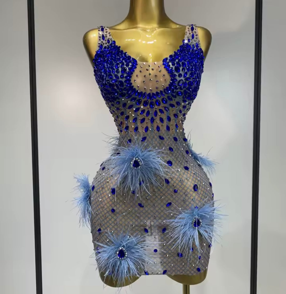 Sexy Sleeveless See Through Blue Rhinestone Feather Dress