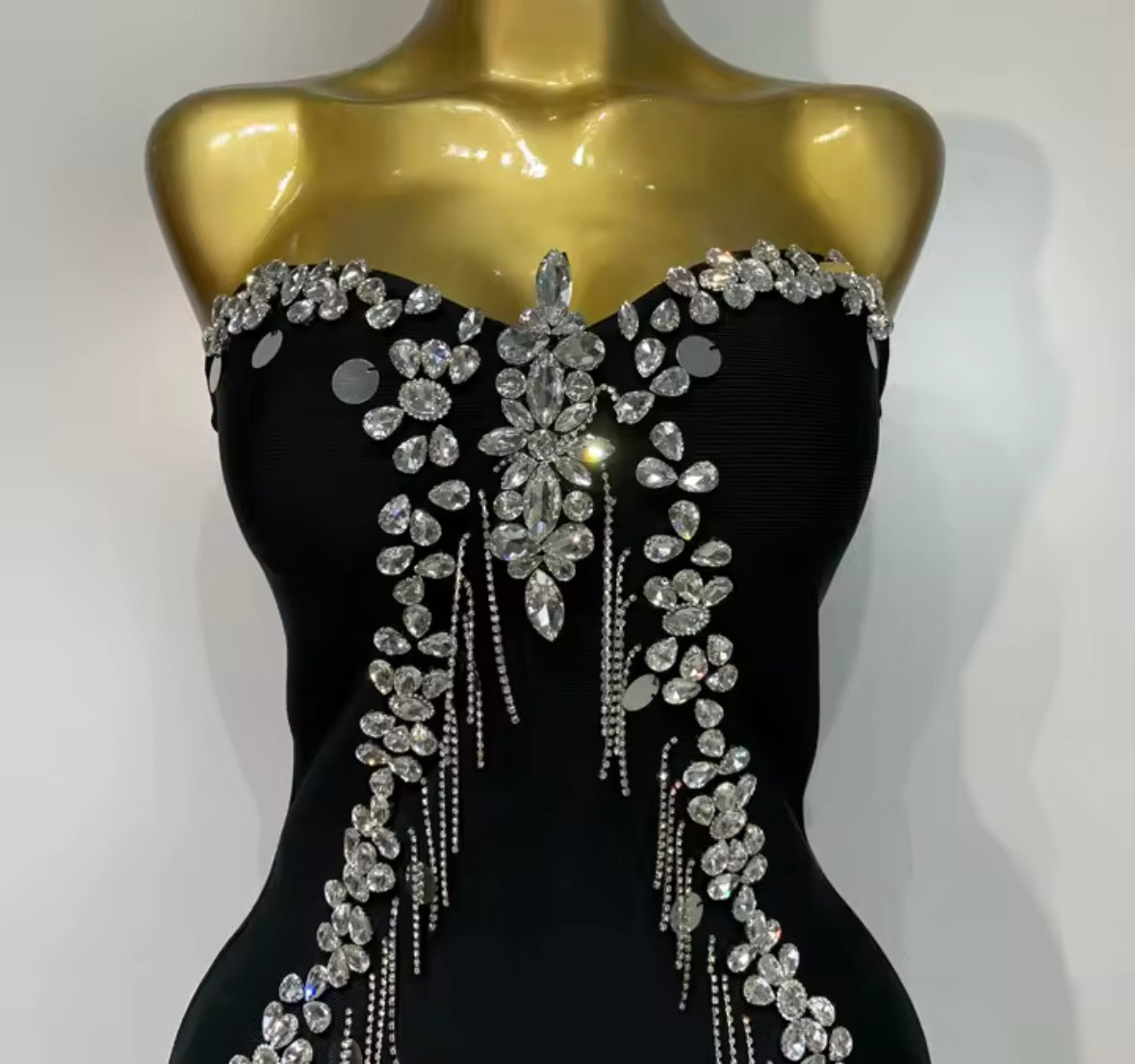 Sexy Black Strapless Rhinestone Tassel Bandage Dress