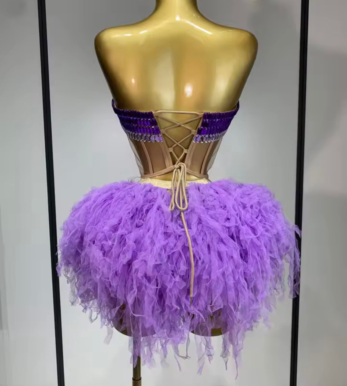 Sexy Purple Rhinestone Mesh Sleeveless Two Piece Ruffled Skirt Set
