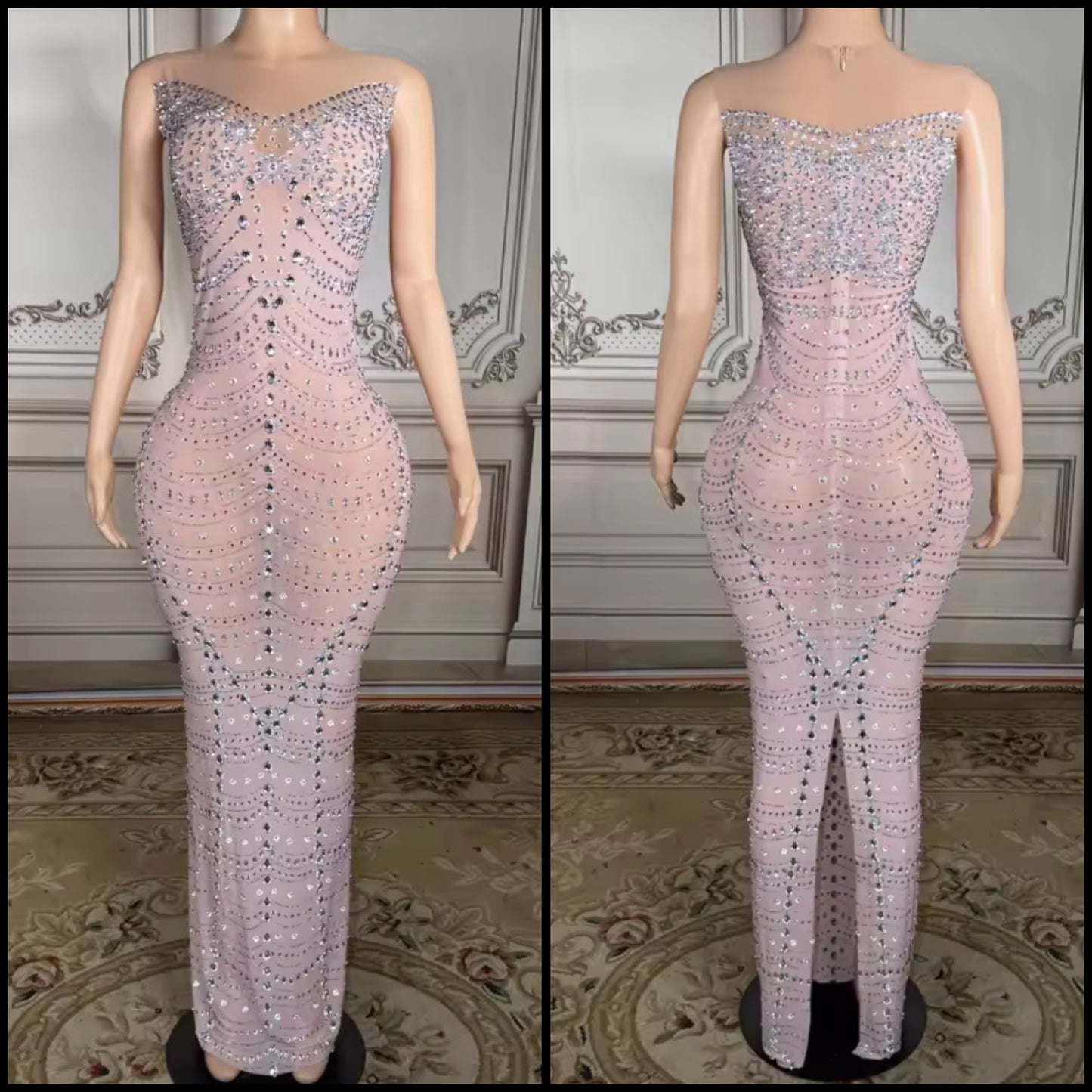 Sexy Pink Rhinestone Sleeveless Floor-Length Dress