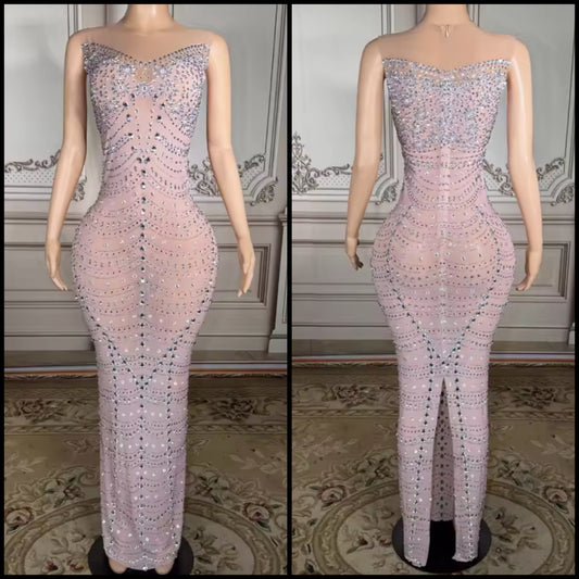 Sexy Pink Rhinestone Sleeveless Floor-Length Dress