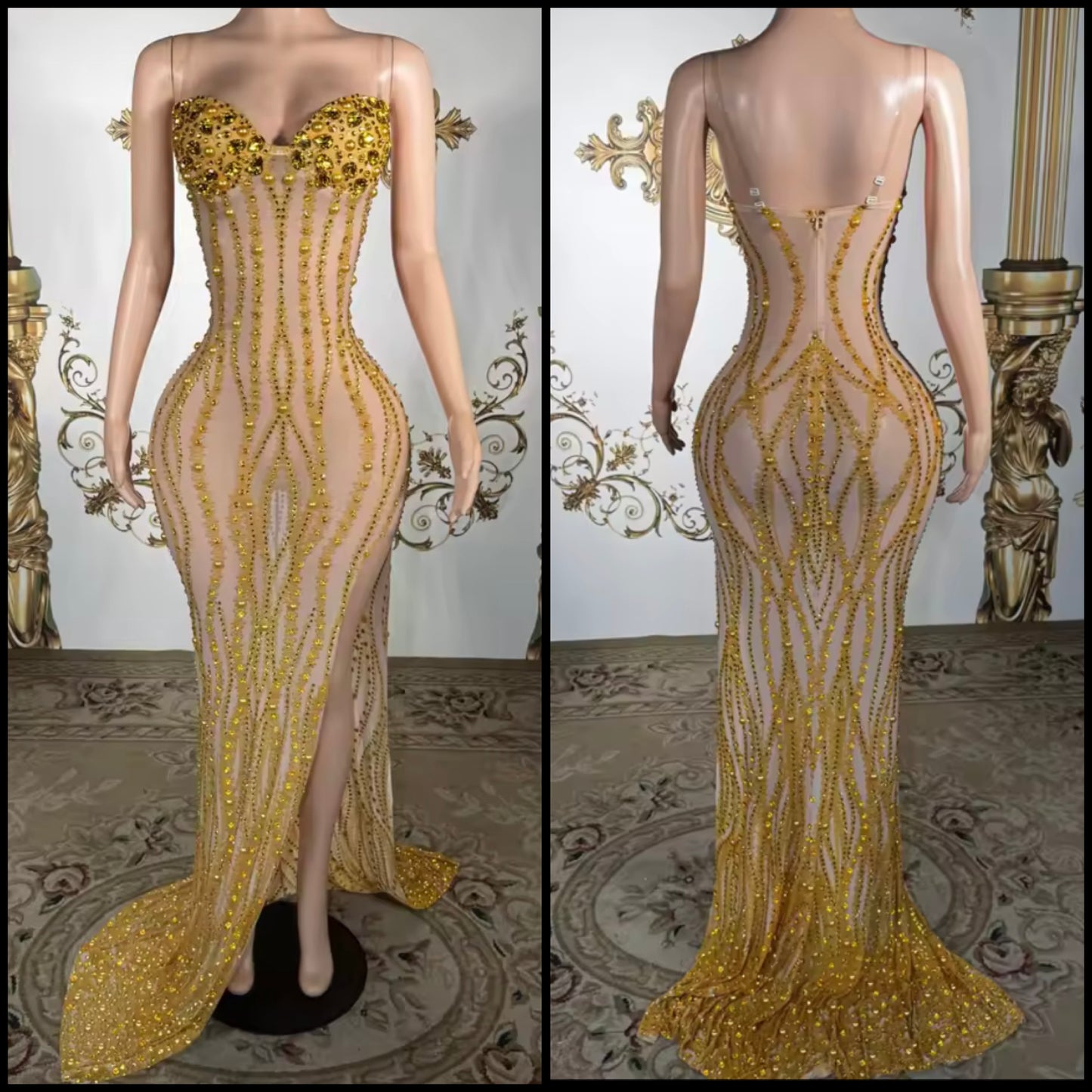 Sexy Sleeveless See Through Gold Rhinestone Side Split Maxi Dress